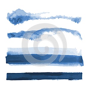 Deep blue watercolor shapes, splotches, stains, paint brush strokes. Abstract watercolor texture backgrounds set. photo