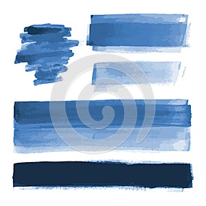 Deep blue watercolor shapes, splotches, stains, paint brush strokes. Abstract watercolor texture backgrounds set.