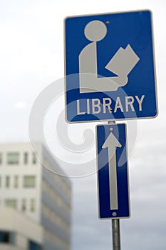 Deep Bokeh Library Ahead sign along 49th street in Yellowknife, Canada