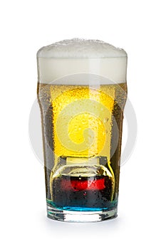 Deep-bomb cocktail of beer, liquor and vodka, with a thick cap of foam in a steamed glass, prepared by mixing a