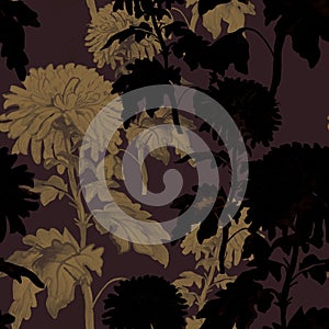 Deep brown floral seamless pattern with chrysanthemum flowers.