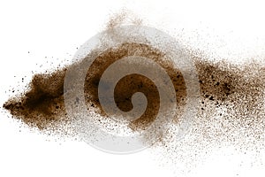 Deep Brown particles splattered on white background.