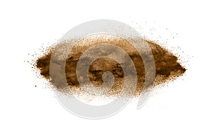 Deep Brown particles splattered on white background.