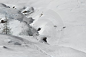 A deep canyon filled with snow