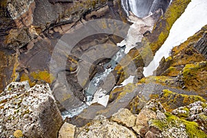 Deep canyon of Haifoss and Granni waterfalls in Fossardalur valley in Iceland