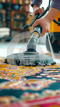 Deep cleaning a vibrant carpet with a professional machine. Close-up of a rug cleaner in action. Concept of home