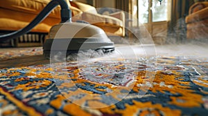 Deep cleaning a vibrant carpet with a professional machine. Close-up of a rug cleaner in action. Concept of home