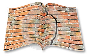 Deep crack in old brick wall - 3D render of an opened photo book