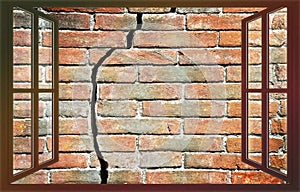 Deep crack on old brick wall view from a window - freedom concept image