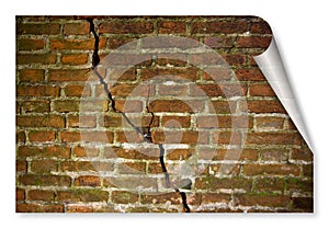 Deep crack in old damaged damp brick wall - concept image with copy space - curl and shadow design concept image