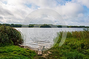 deep dark forest lake with reflections of trees and green foliage