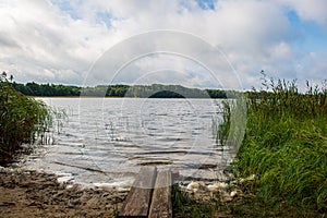 deep dark forest lake with reflections of trees and green foliage