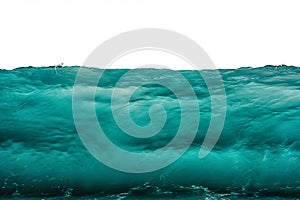 Deep dark turquoise blue underwater background isolated on white. Sea or ocean storm wave front view. Climate nature concept