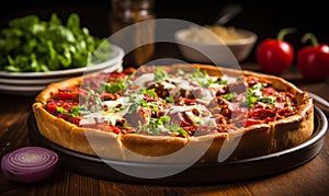 Deep-dish Chicago style pizza on a wooden table with melted cheese and pepperoni inviting and perfect for food enthusiasts