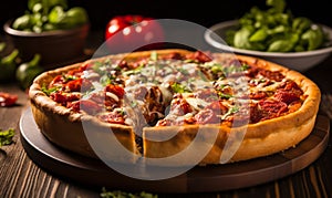 Deep-dish Chicago style pizza on a wooden table with melted cheese and pepperoni inviting and perfect for food enthusiasts
