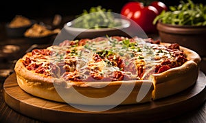 Deep-dish Chicago style pizza on a wooden table with melted cheese and pepperoni inviting and perfect for food enthusiasts