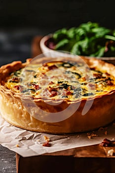 Deep dish quiche Lorraine with crispy bacon and ham, cream, eggs Swiss and Gruyere cheese filling baked in crust