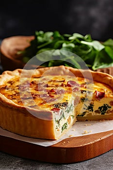 Deep dish quiche Lorraine with crispy bacon and ham, cream, eggs Swiss and Gruyere cheese filling baked in crust cut out slice