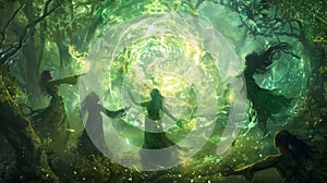 Deep in the enchanted forest of Elvoria a group of elemental guardians stand in a circle their bodies surrounded by a