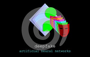 Deep Fake and false, acronym Deepfake, profound learning. Replacing images using artificial neural networks.