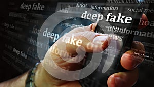 Deep fake hoax and manipulation news titles on screen in hand 3d illustration photo