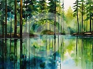 Deep Forest Reflection Watercolor Art photo