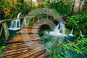 Deep forest stream with crystal clear water with pathway. Plitvice lakes