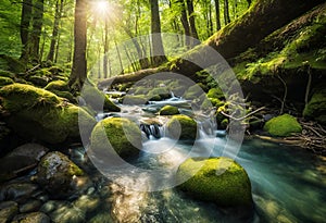 Deep forest stream with crystal clear water in the sunshine