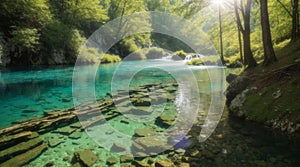 Deep forest stream with crystal clear water in the sunshine. Plitvice lakes, Croatia