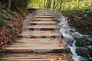 Wooden Bridge Over Plitvice Lakes And Waterfalls - Plitvice Lake