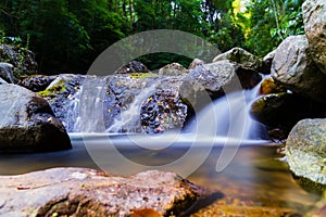 Deep forest stream with rocks around, blur motion, long exposure