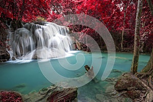 Deep forest waterfall in autumn scene at Huay Mae Kamin waterfall National Park Kanchanaburi Thailand