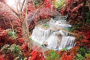 Deep forest waterfall in autumn scene at Huay Mae Kamin waterfall National Park Kanjanaburi Thailand