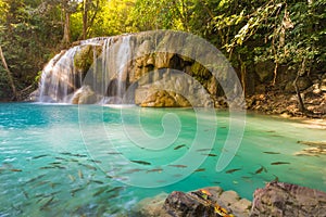 Deep forest waterfall at Erawan waterfall locate in National Park Kanjanaburi