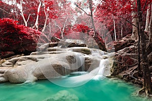 Deep forest waterfall at Erawan waterfall National Park Kanchanaburi Thailand