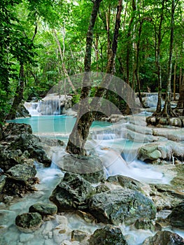 Deep forest waterfall in Thailand Erawan Waterfall