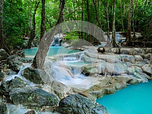 Deep forest waterfall in Thailand Erawan Waterfall