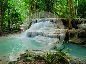 Deep forest waterfall in Thailand Erawan Waterfall