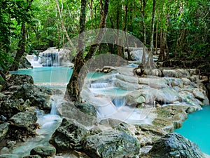 Deep forest waterfall in Thailand Erawan Waterfall