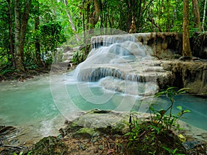 Deep forest waterfall in Thailand Erawan Waterfall