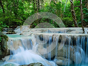 Deep forest waterfall in Thailand Erawan Waterfall