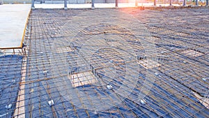 Deep Foundation Footing Reinforcement Steel with wire mesh on the Ground for reinforced Concrete Floor work in Construction Site