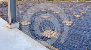 Deep Foundation Footing Reinforcement Steel with wire mesh structure on the Ground in the Construction Site of Industrial Building