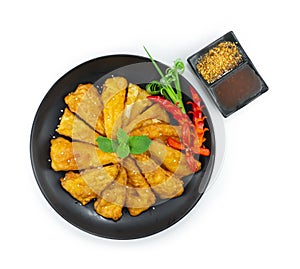 Deep Fried Bamboo Shoots Crispy Appetizers dish served Sweet Peanuts Sauce and Spicy Sauce