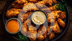 Deep fried buffalo chicken wings with savory dip and salad generated by AI