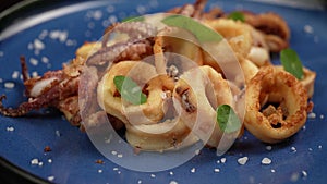 Deep Fried calamari on a blu plate in slow motion