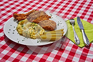 Deep fried chicken escalope or schnitzel with mashed potatoes.
