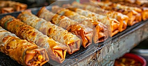 Deep fried crispy vegetable spring rolls golden deliciousness in the deep fryer