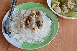 Deep fried fish topping on rice and pickled Chinese cabbage with pork entrails soup photo