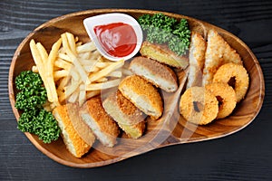 Deep fried foods plate on a dining table
